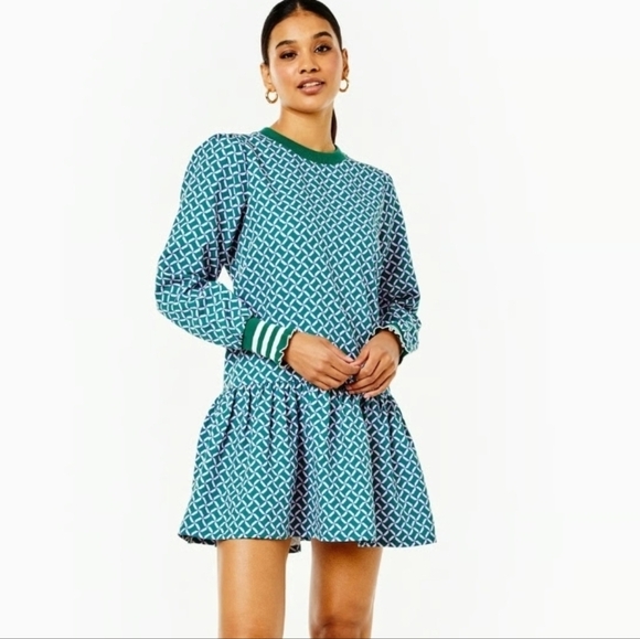 Addison Bay Long Sleeve Vine Dress: Geo Trelis- Green/Pink/Teal - Picture 14 of 15